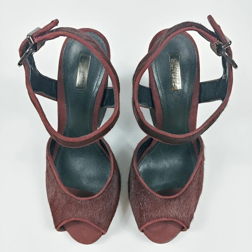 Schutz Peep Toe Pony Hair‎ Chunky Block Heel Size 6 Ankle Strap Burgundy